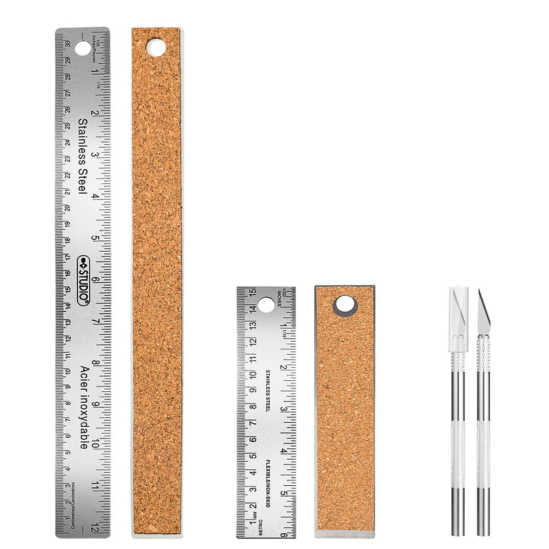  [AUSTRALIA] - 4 Pcs Stainless Steel Cork Base Rulers Craft Knife Hobby Knife with Safety Cover and Craft Ruler Precision Carving Craft Hobby Knife Kit for Crafting and Cutting Carving Scrapbooking Art Work Cutting