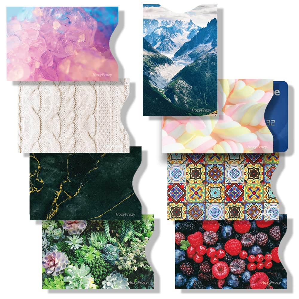  [AUSTRALIA] - 8 RFID Blocking Sleeves, Credit Card Protector, Anti-Theft Credit Card Holder, Easy to Recognize, Eclectic prints, Marble, Garden plants, Landscape, Fruits, Marshmallow, Crystal, Exotic Tiles