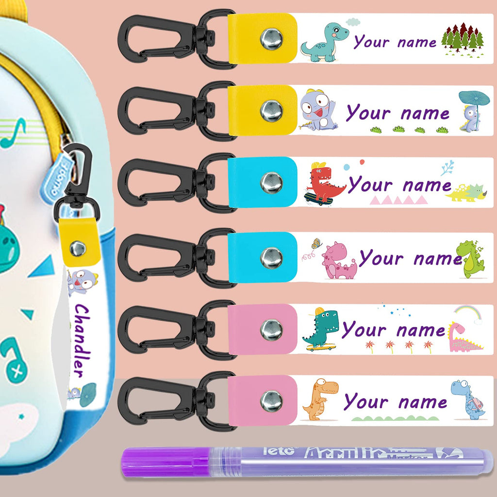  [AUSTRALIA] - 6 Pcs Backpack Name Keychain Kids Name Labels with Pen Cute Name Tag Clips Child Id Bag Tags Dinosaur Name Clips for Kids Name Keychain for Backpacks Boys Girls Water Bottle Lunchbox Pencil Case