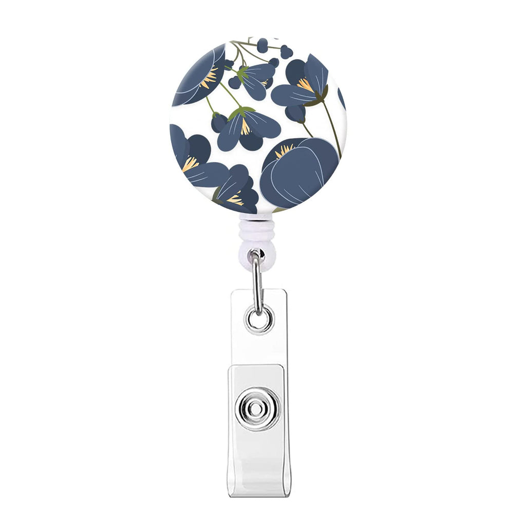  [AUSTRALIA] - Badge Reel Retractable Nurse Badge Holder Cute Name Decorative Badge Reels with Clip on ID Card Holders (1 Pack Cute Navy Blue Floral) 1 Pack Cute Navy Blue Floral