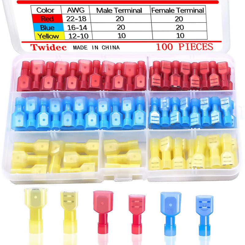  [AUSTRALIA] - Twidec/100PCS Nylon Spade Connectors Kit 22-10 Gauge Quick Disconnect Fully Insulated Male and Female Wire Spade Terminal Assortment Kit N-004