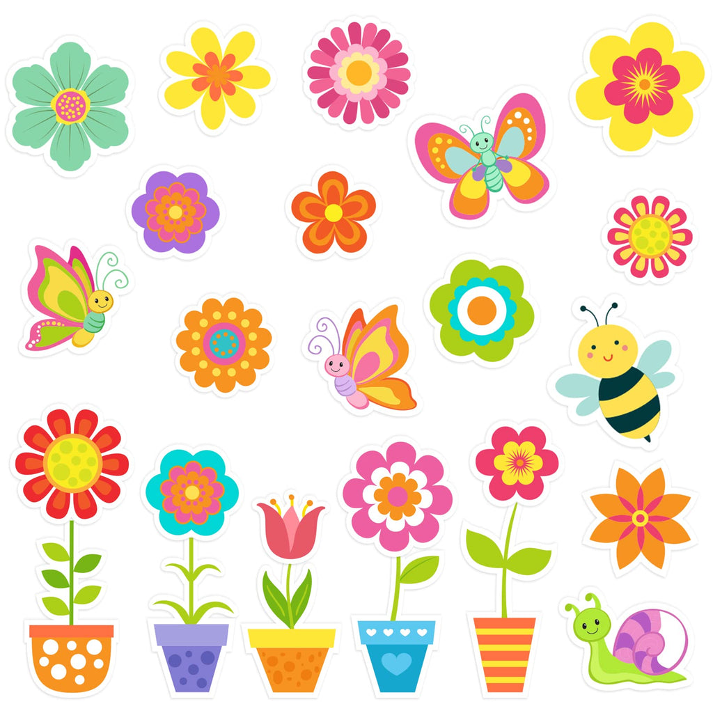  [AUSTRALIA] - Whaline 45Pcs Spring Cut-Outs with 100Pcs Glue Points 25 Designs Retro Flower Cutouts Colorful Butterfly Bee Snail Flower Pot Cutout for School Classroom Bulletin Border Decoration Party Supplies