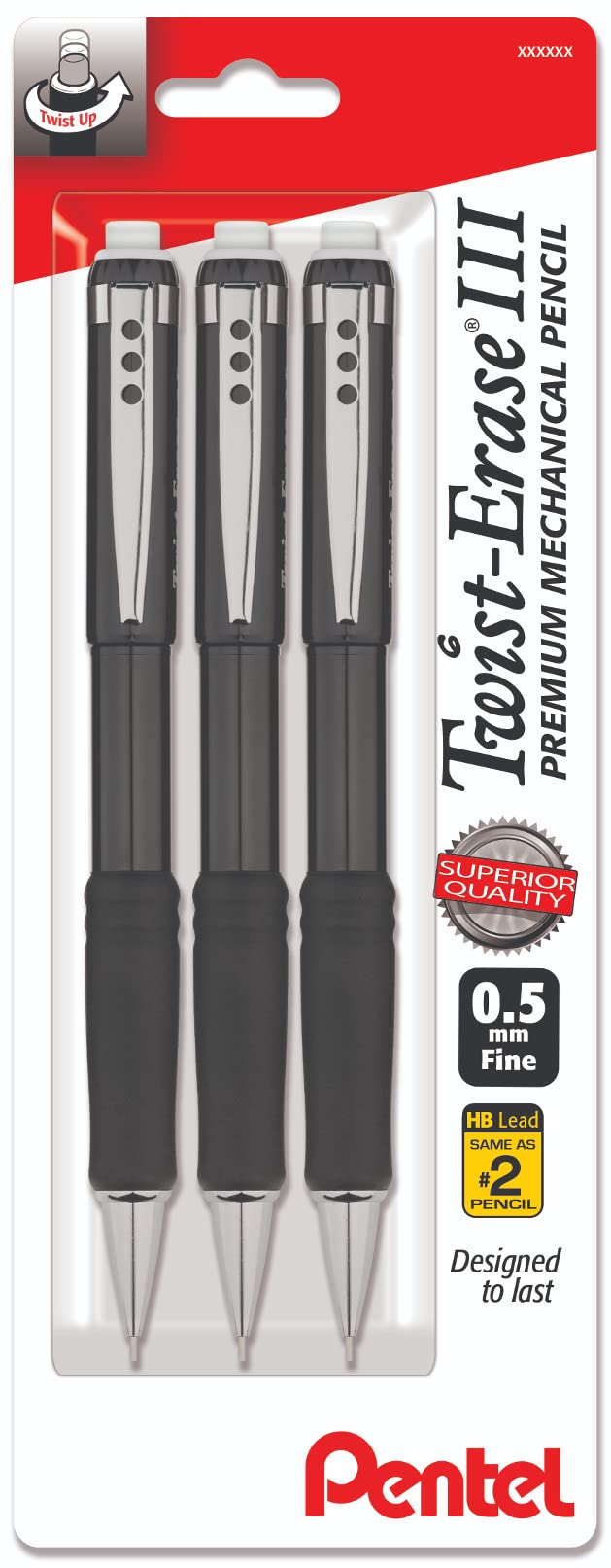  [AUSTRALIA] - Pentel Mechanical Pencil 0.5 mm Twist Erase III - Twist Up Eraser - Pre-Loaded with Pentel Super Hi-Polymer HB Lead - Black Barrel - 3-Pack - Fine Point