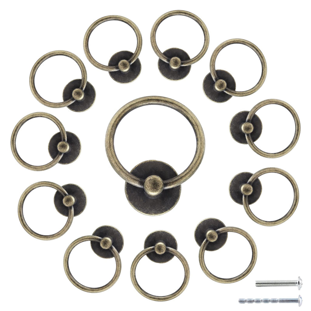  [AUSTRALIA] - Auvotuis 12 Pcs Antique Round Ring Drawer Pulls, Bronze Vintage Cabinet Drop Ring Knob Pull Handles with Screws for Furniture, Kitchen, Cupboard, Wardrobe, Dresser