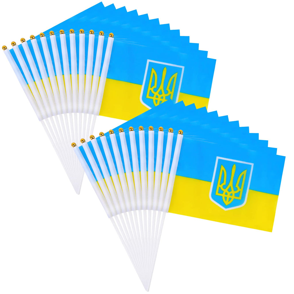  [AUSTRALIA] - 24 Pack Mini Ukraine Flag Small Hand Held Ukrainian Flag with Trident,White Stick Vivid Color and UV Fade Resistant Flags National Country Flags for Party Festival Parades Parties Decor,14x21cm