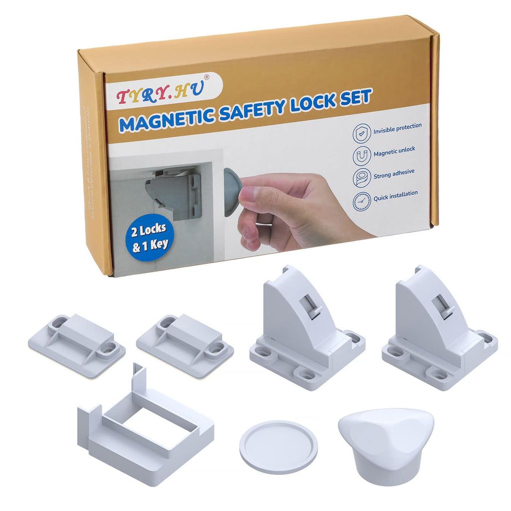  [AUSTRALIA] - TYRY.HU Upgraded Adhesive Magnetic Cabinet Locks, Invisible Baby Proofing Latch Locks with Key for Safety - Works with Most Cabinets,Drawers,Cupboards-No Drilling or Tools Required-(2 Locks+1 Key) 2 Pack with 1 Key