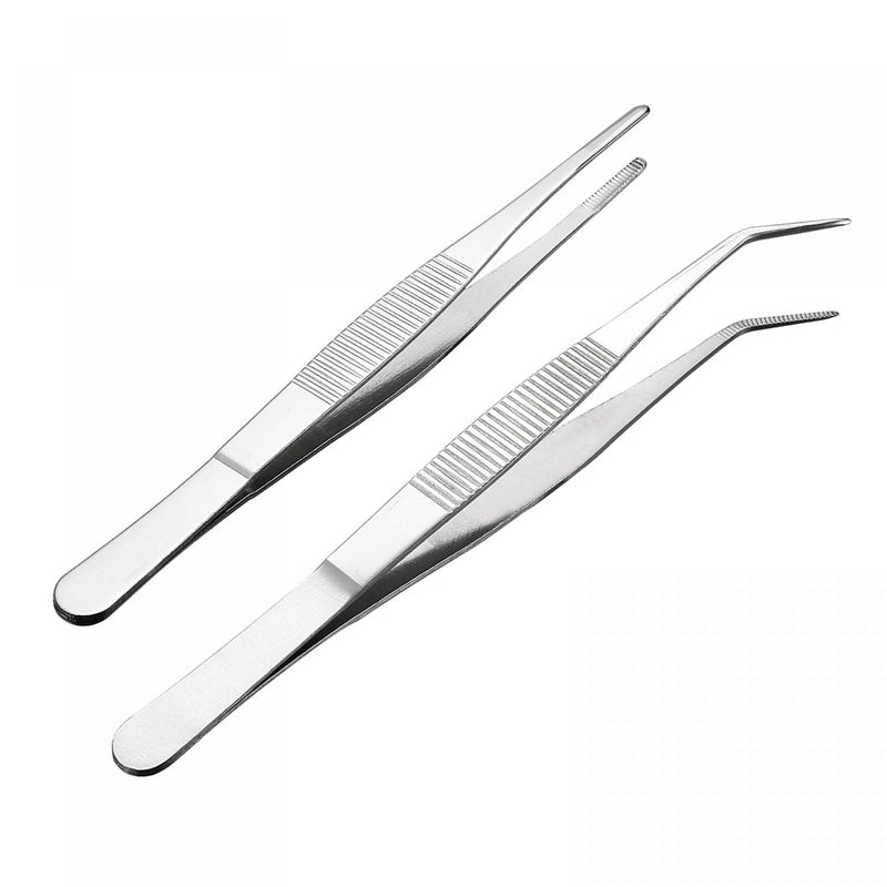  [AUSTRALIA] - uxcell 2pcs 6.3-inch, 6.9-inch Stainless Steel Tweezers with Serrated Tip (Straight Blunt Tip, Curved Pointed Tip)