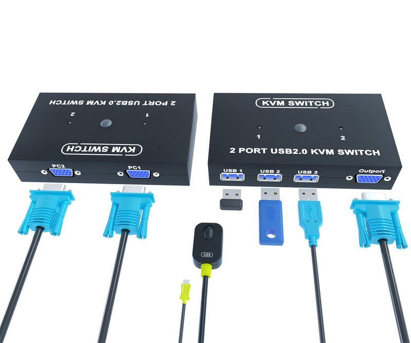  [AUSTRALIA] - VGA KVM Switch - USB VGA KVM Switch for 2 PC Share 1 Monitor & 3 USB 2.0 Hubs,Keyboard Mouse Printer,Flash Drive Plug & Play,Drive-Free for All OS,2 KVM Cables 1 Desktop Controller Included VGA 2P
