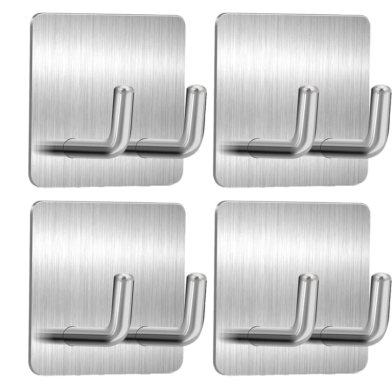  [AUSTRALIA] - 4Pcs Self Adhesive Wall Hooks Heavy Stainless Steel Razor Holder Stick on Bathroom Kitchen Bedroom Waterproof Anti-Skid Double Hanging Hooks for Keys Coats Hat Towel Bathrobe