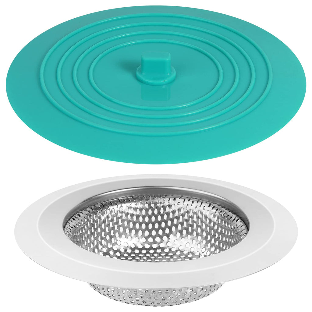  [AUSTRALIA] - Kitchen Sink Strainer Sink Stopper - tifanso 2 PCS Sink Strainer Stopper Kit, Universal Silicone Drain Cover, 4.5 Inch Stainless Steel Sink Drain Strainer, Food Catcher for Kitchen Sink Teal