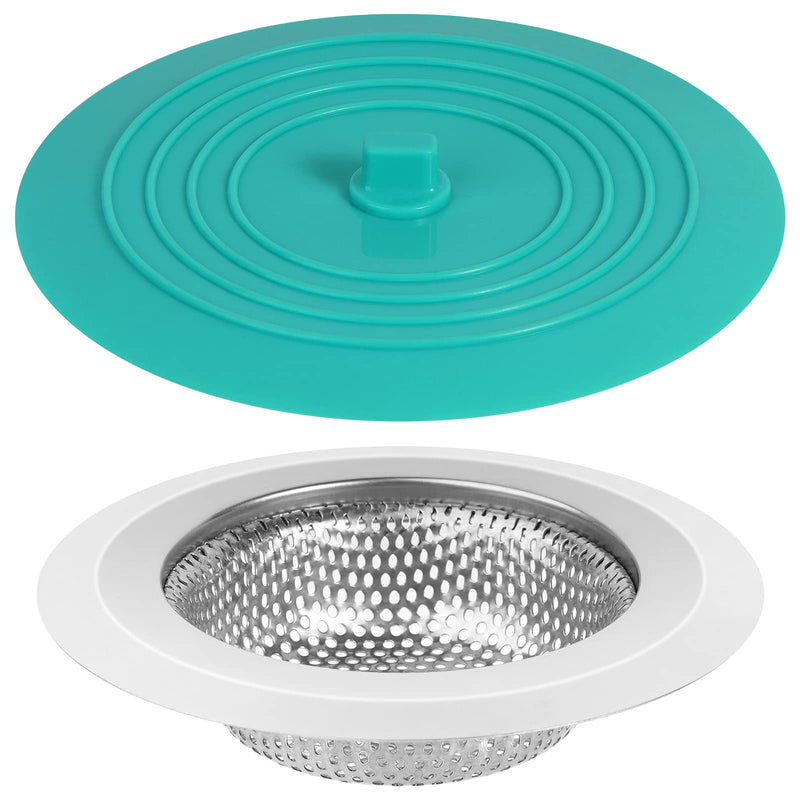  [AUSTRALIA] - Kitchen Sink Strainer Sink Stopper - tifanso 2 PCS Sink Strainer Stopper Kit, Universal Silicone Drain Cover, 4.5 Inch Stainless Steel Sink Drain Strainer, Food Catcher for Kitchen Sink Teal