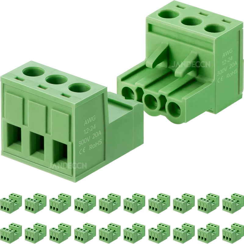  [AUSTRALIA] - JANDECCN 20Pcs 3 Pin 5.08mm Pitch DIY PCB Mount Screw Terminal Block Connector with 20Pcs 3 Pin Phoenix Plug 3P-C (20 Sets)