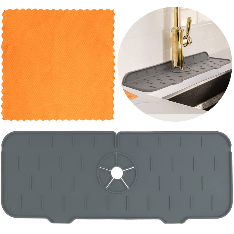  [AUSTRALIA] - Faucet Mat for Kitchen Sink by Wolvio - Keep Your Sink Area Spotless - Silicone Splash Guard for Sink Faucet - Upgrade Your Kitchen Sink - Bonus Multipurpose Microfiber Towel Included Gray