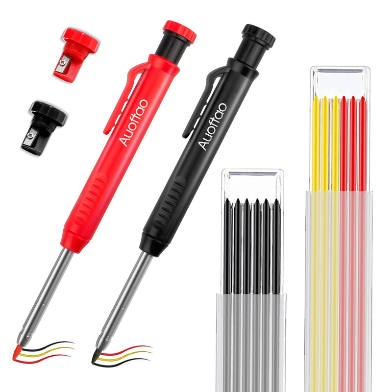  [AUSTRALIA] - 2Pcs Solid Carpenter Pencils with 14 Refill, Deep Hole Mechanical Construction Pencil Marker Marking Tool with Built-in Sharpener for Carpenters Scriber Woodworking Architect