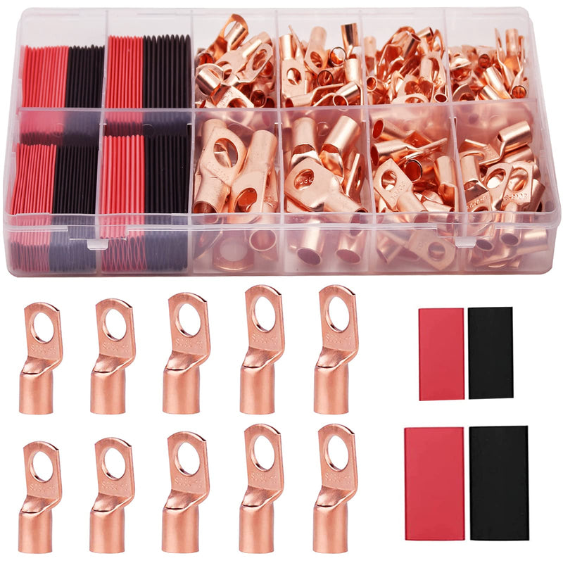  [AUSTRALIA] - TKDMR 160Pcs Copper Wire Lugs AWG2 4 6 8 10 12 with Heat Shrink Set, 80Pcs Battery Cable Lugs Battery Cable Ends Ring Terminals Connectors with 80Pcs Heat Shrink Tubing Assortment Kit 10 Kind Sizes 160