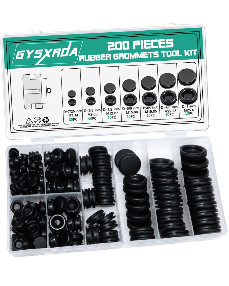  [AUSTRALIA] - Gysxrda Rubber Grommet Kit 200 Pack - 7 Sizes Firewall Rubber Hole Plugs Rubber Grommets for Wiring, Automotive, Home Improvement Cord Pipe Wire Organization (7/25, 3/8, 1/2, 5/8, 3/4, 7/8, 1 inch) B