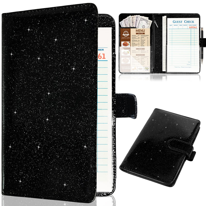  [AUSTRALIA] - Server Book for Waitress - Leather Waiter Book Organizer with Zipper Pocket, Bling Waitress Money Wallet and Pen Holder, Guest Check Presenter with Magnetic Closure, Restaurant Waitstaff Organizer, Glitter Black