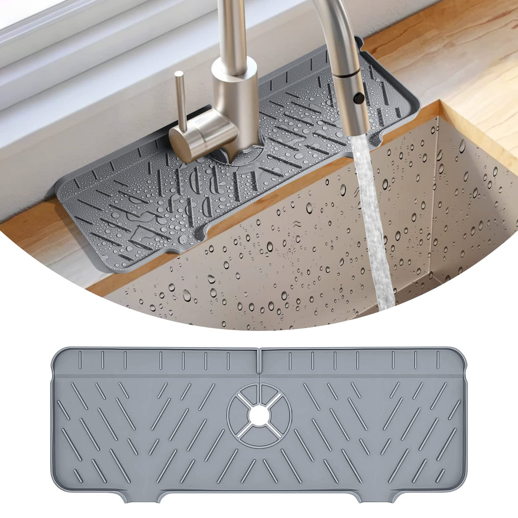  [AUSTRALIA] - Yolife Silicone Sink Faucet Mat for Kitchen Sink Splash Guard, Extra Long Faucet Water Catcher Mat, Sink Draining Pad Behind Faucet, Drip Protector Splash Countertop Protection (Grey) Gray