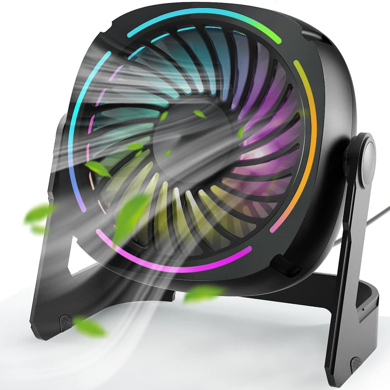  [AUSTRALIA] - Punoge Small USB Desk Fan - 5.3 Inch Portable Table Fan with 3 Levels Air Flow, 8 Color LED Lights, 360° Rotation, Quiet Mini Personal Fan for Home Office Desktop