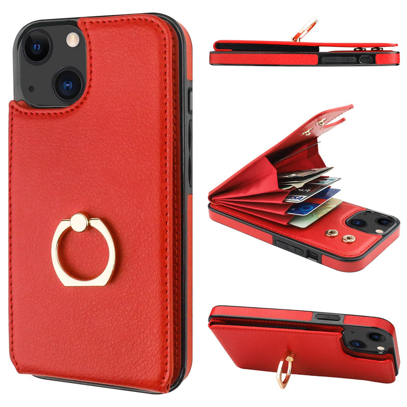  [AUSTRALIA] - Folosu Compatible with iPhone 13 Case Wallet with Card Holder, 360°Rotation Finger Ring Holder Kickstand Protective RFID Blocking PU Leather Double Buttons Flip Shockproof Cover 6.1 Inch Red