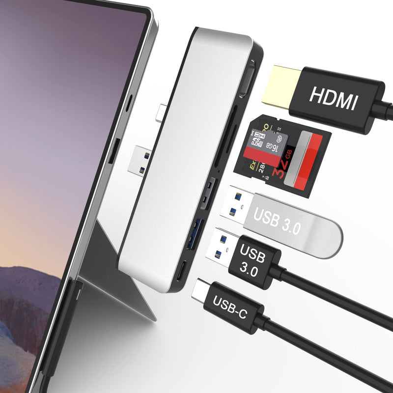 [AUSTRALIA] - Surface Pro 7 Hub Docking Station with 4K HDMI, USB-C (Audio + Data Transfer), 2X USB 3.0 Ports, TF + SD Card Slot, Converter Combo Adaptor for Microsoft Surface Pro 7 Grey
