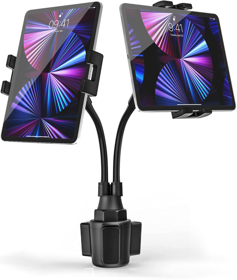  [AUSTRALIA] - Dual Cup Holder Tablet Car Mount for 4.7"-12.9" Phone & iPad - Phichy Gooseneck Double Tablet Mount for Car, Cup Car Tablet Holder Stand Compatible with iPad Pro/Air/Mini, Galaxy Tabs, iPhone, Tablets