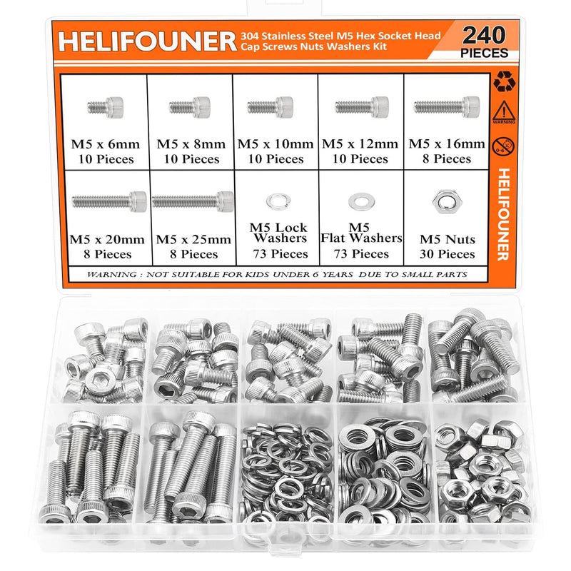  [AUSTRALIA] - HELIFOUNER 240 Pieces M5 x 6mm /8mm /10mm /12mm /16mm /20mm /25mm, Hex Socket Head Cap Screws Bolts Washers Nuts Kit, 304 Stainless Steel
