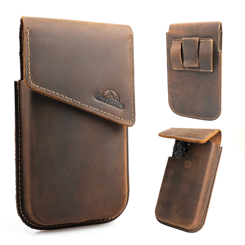  [AUSTRALIA] - Topstache Leather Phone Holster,Samsung S22 Plus Belt Holder, iPhone 13 Pro Max Case for Belt,Universal Phone Pouch with Belt Clip for iPhone 14 Pro Max, Flip Cellphone Cases Darkbrown