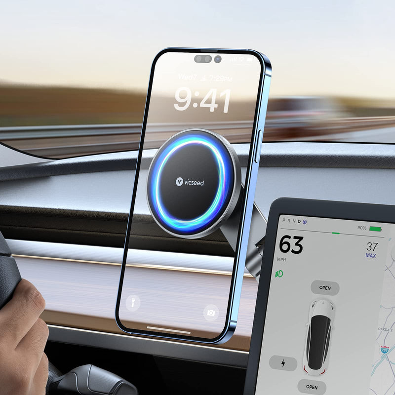  [AUSTRALIA] - VICSEED Tesla Phone Mount【Strongest Magnet Power】MagSafe Car Mount for Tesla Model 3 Model Y, Foldable Hidden Tesla Phone Holder Fit for All Phone, Tesla Model 3 Accessories, Tesla Model Y Accessories