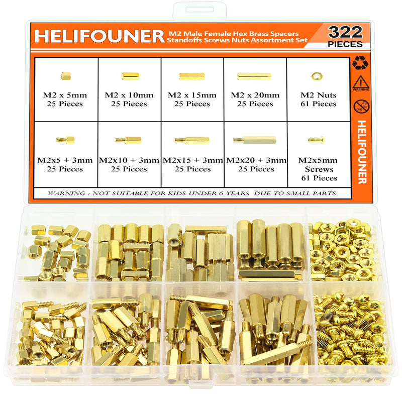  [AUSTRALIA] - HELIFOUNER 322 Pieces M2 Male Female Hex Brass Spacers Standoffs Screws Nuts Assortment Kit, Threaded Pillar for Printed Circuit Board Motherboard M2 Brass Standoff Set