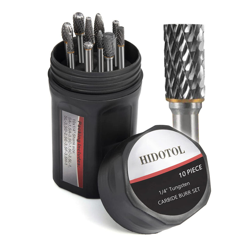  [AUSTRALIA] - HIDOTOL Carbide Burr Set 1/4" Shank 10PC Tungsten Double Cut Carbide Rotary Burr Set for Metal and Wood Carving, Grinding, Polishing, Engraving, Drilling in Sturdy Round Case. 10PC 1/4 shank