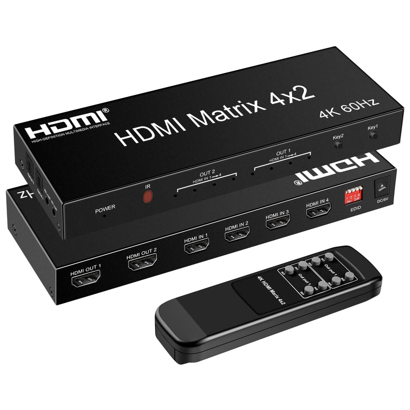  [AUSTRALIA] - FERRISA 4x2 HDMI Matrix, 4K@60Hz 4 in 2 Out HDMI Switch Splitter with IR Remote, HDMI Matrix Switch + Optical + 3.5mm Audio Output, Support HDMI2.0, HDCP2.2, Auto Downscaler, 3D, Audio Extractor 4K 60Hz HDMI Matrix 4X2