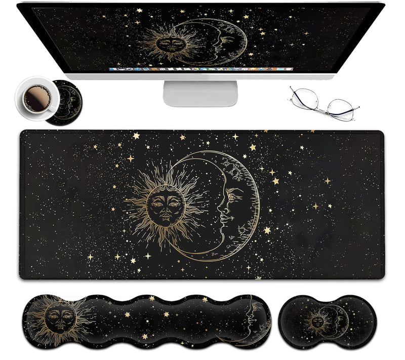  [AUSTRALIA] - Extended Large Mouse Pad+Keyboard Wrist Rest Support , Ergonomic Memory Foam Wrist Rest Easy Typing, 4Pcs Desk Pad Set for Home Office, Sun Moon Star Pattern XXL Gaming Black Desk Mat JV-mouse pad-8-35