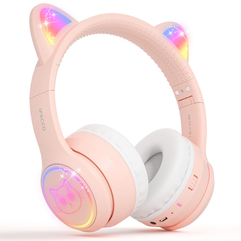  [AUSTRALIA] - Cat Ear Headphones for Children IFECCO Cute Bluetooth Wireless Headset On-Ear with Led Light Up for Kids Girls Boys School Travel (Pink) Pink