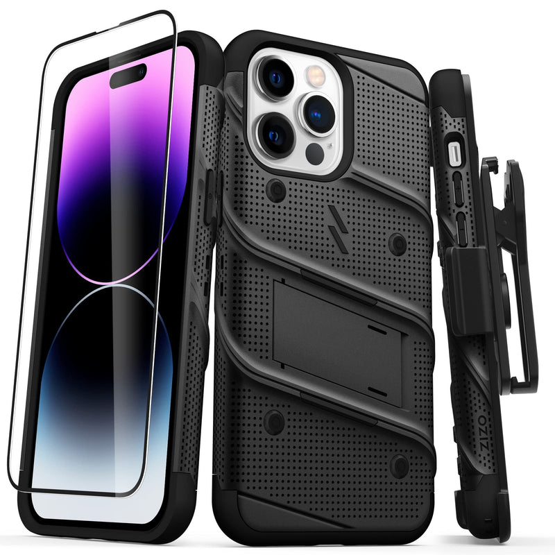  [AUSTRALIA] - ZIZO Bolt Bundle for iPhone 14 Pro Max (6.7) Case with Screen Protector Kickstand Holster Lanyard - Black Black/Black