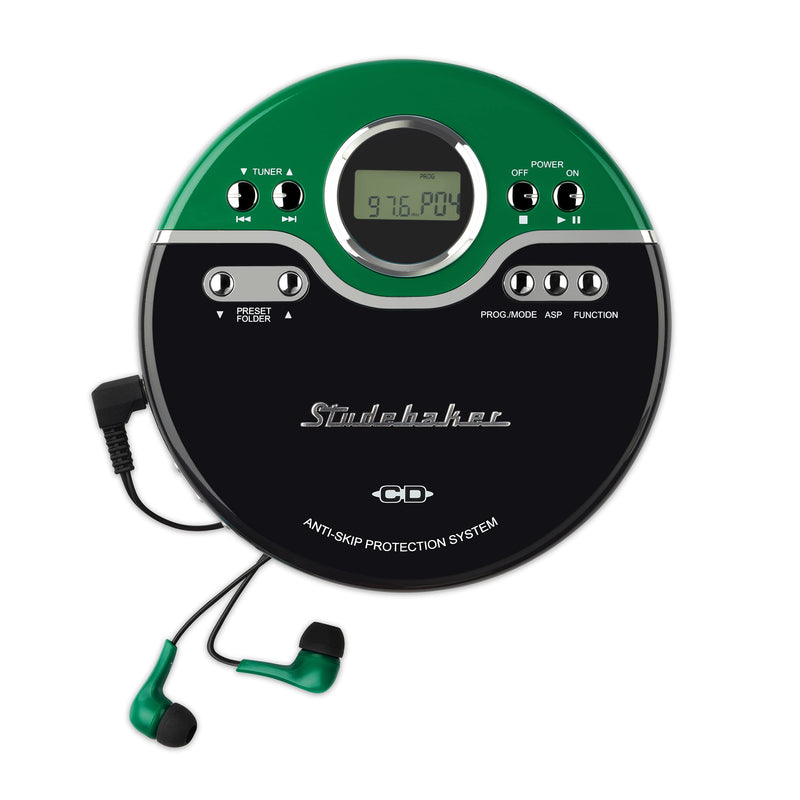  [AUSTRALIA] - Studebaker SB3704 Green Retro Portable Personal CD Player CD/MP3/WMA | FM Radio LCD Display Bass Boost 60-Second Anti Skip | Color Earbuds Included (Limited Edition)