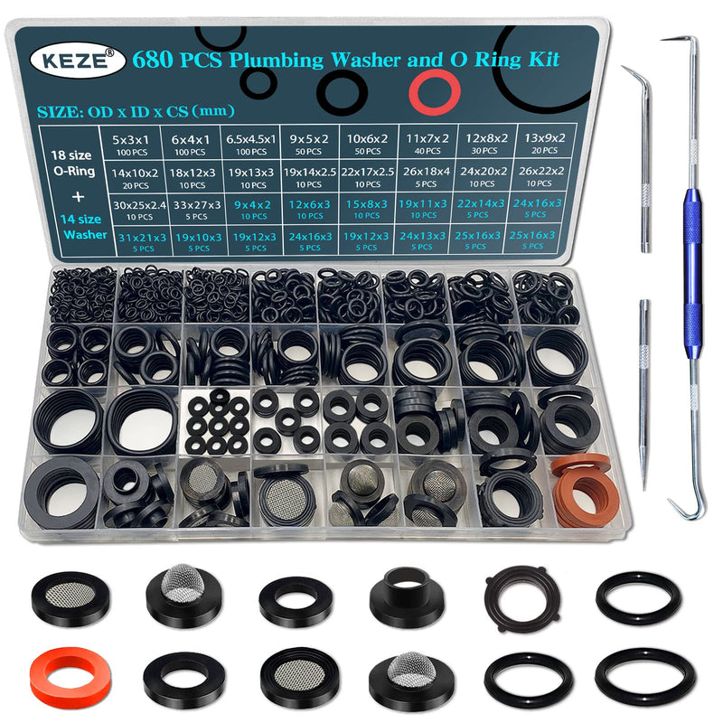  [AUSTRALIA] - KEZE 680 PCS Rubber Washer Assortment Kit 14 Size Water Hose Washers and 18 Size Nitrile O Ring Washers Set for Outside Faucet Spigot Garden Hose Pressure Washer Plumbing Repair OD 5-33MM Rubber O Ring and Rubber Washer