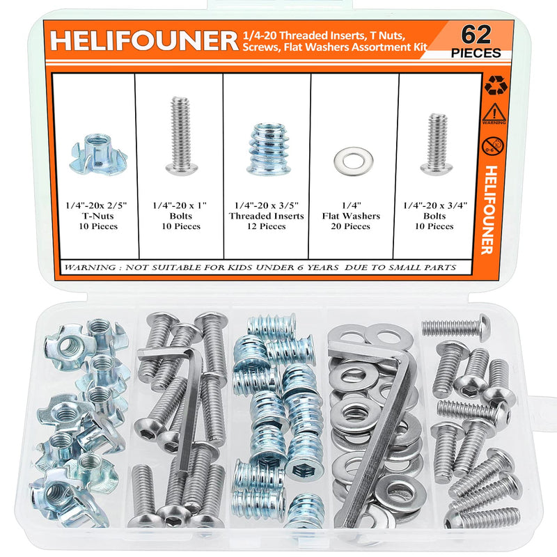  [AUSTRALIA] - HELIFOUNER 1/4"-20 Threaded Inserts for Wood Furniture, T Nuts, 1/4-20 x 3/4", 1" Button Head Socket Cap Screws, Flat Washers Assortment Kit, 62 Pieces 1/4"-20 Kit, 62 Pieces