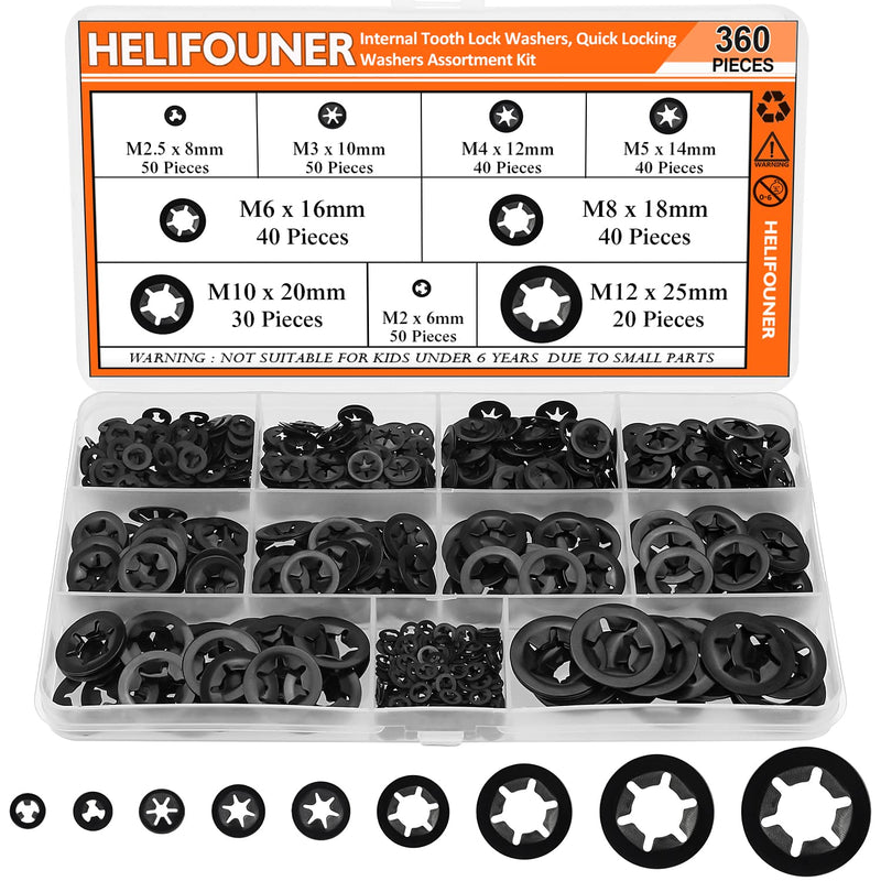  [AUSTRALIA] - HELIFOUNER 360 Pieces 9 Sizes Internal Tooth Star Lock Washers, Quick Speed Locking Washers, Push Nuts, Speed Clips Retaining Clips Fasteners Assortment Kit