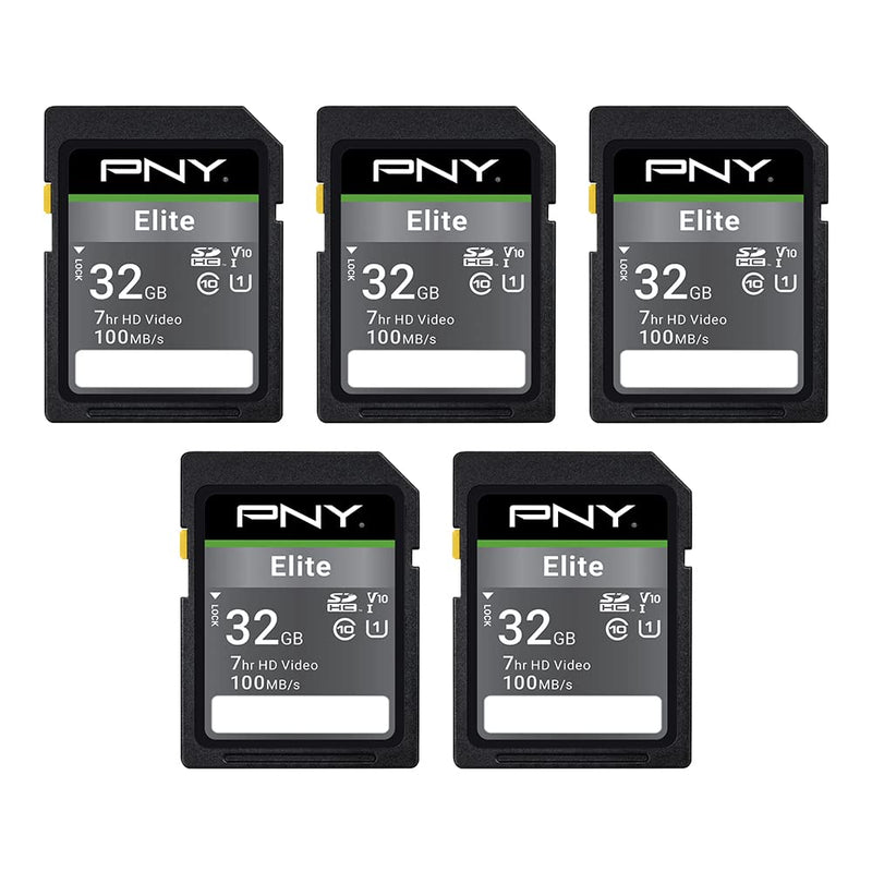  [AUSTRALIA] - PNY 32GB Elite Class 10 U1 V10 SDHC Flash Memory Card 5-Pack - 100MB/s Read, Class 10, U1, V10, Full HD, UHS-I, Full Size SD