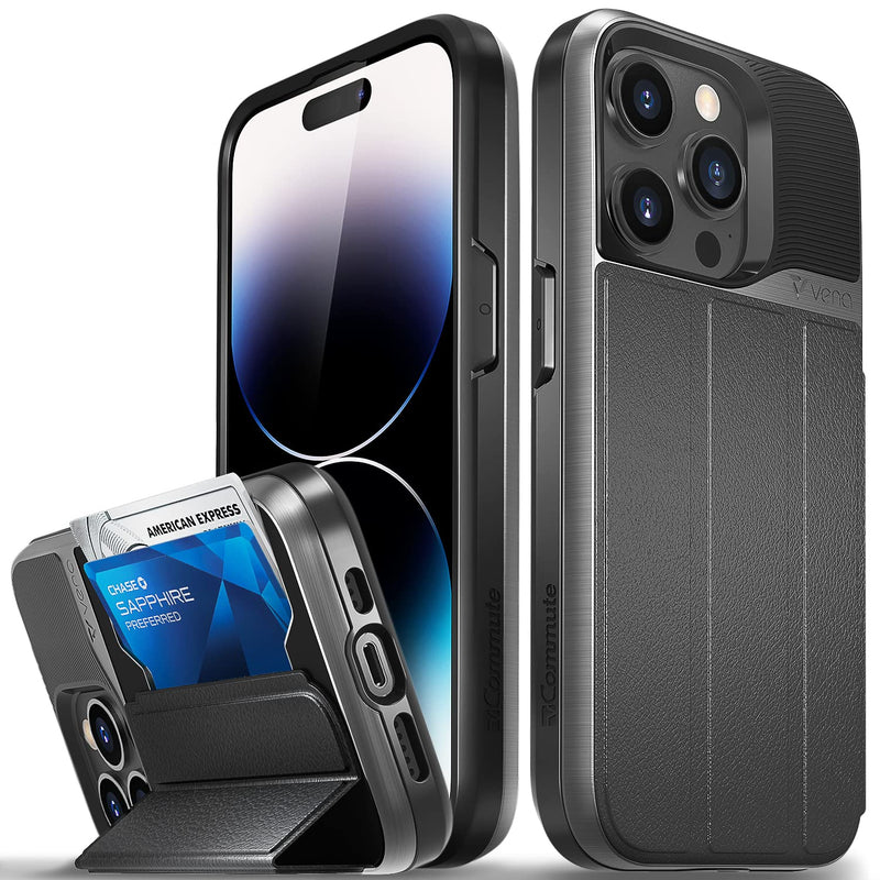  [AUSTRALIA] - Vena vCommute Wallet Case Compatible with Apple iPhone 14 Pro (6.1"-inch), (Military Grade Drop Protection) Flip Leather Cover Card Slot Holder with Kickstand - Space Gray