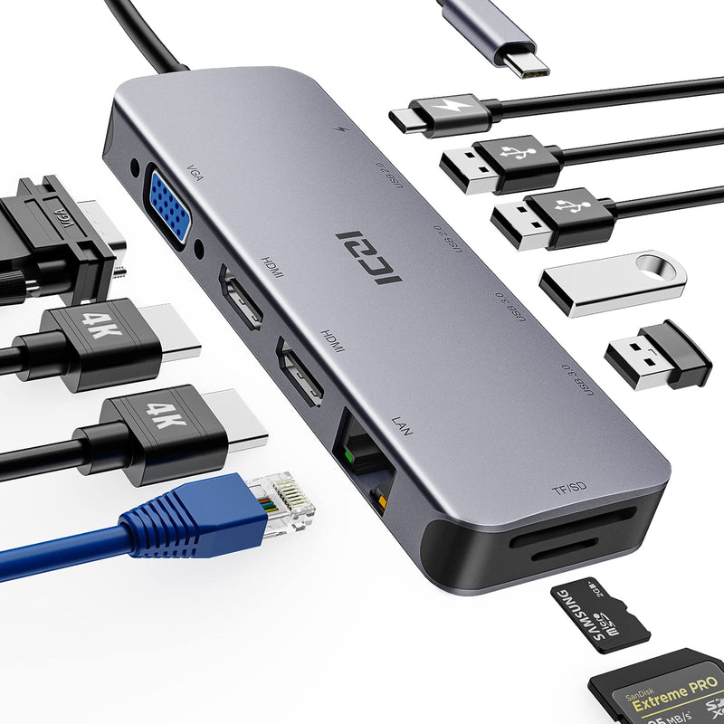  [AUSTRALIA] - Docking Station USB C to Dual HDMI Adapter, 11 in 1 Triple Display USB C Hub Dual HDMI Monitors for MacBook/Dell/HP/Lenovo/Surface Laptop(2 HDMI+VGA+4 USB Ports+PD+Gigabit Ethernet+SD/TF Card Reader)