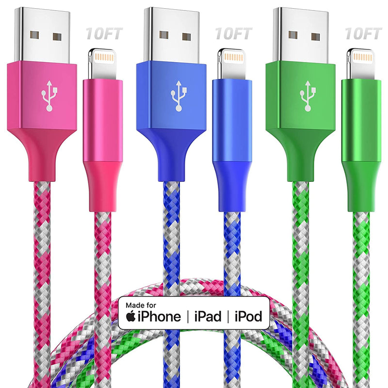  [AUSTRALIA] - MenoSupp iPhone Charger Fast Charging Cable 3 Pack 10 FT MFI Certified Lightning Cable Nylon Braided iPhone Charger Cord Compatible with iPhone 13 12 11 Pro Max XR XS X 8 7 6 Plus SE and More