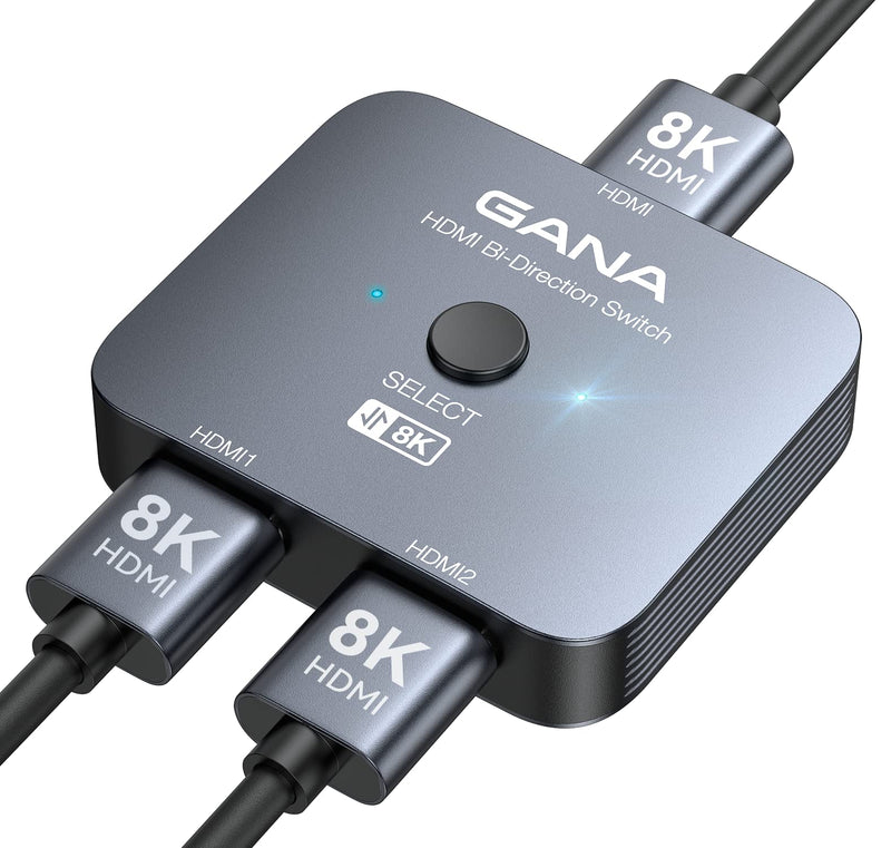  [AUSTRALIA] - HDMI 2.1 Switch, GANA 8K HDMI Switcher Splitter 2 in 1 Out, Supports 4K@120Hz, 8K@60Hz, High Speed 48Gbps Aluminum Bi-Directional Ultra HD HDMI Hub Compatible with PS5/4,Xbox,Roku,Apple TV,Fire Stick Gray