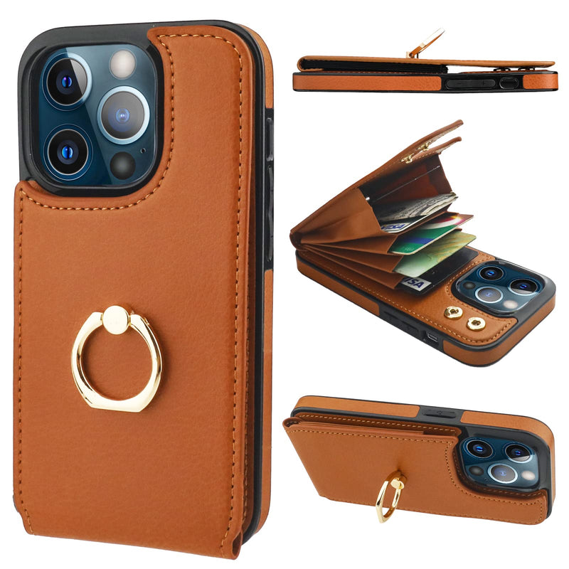 [AUSTRALIA] - Folosu Compatible with iPhone 13 Pro Case Wallet with Card Holder, 360°Rotation Finger Ring Holder Kickstand Protective RFID Blocking PU Leather Double Buttons Flip Shockproof Cover 6.1 Inch Brown