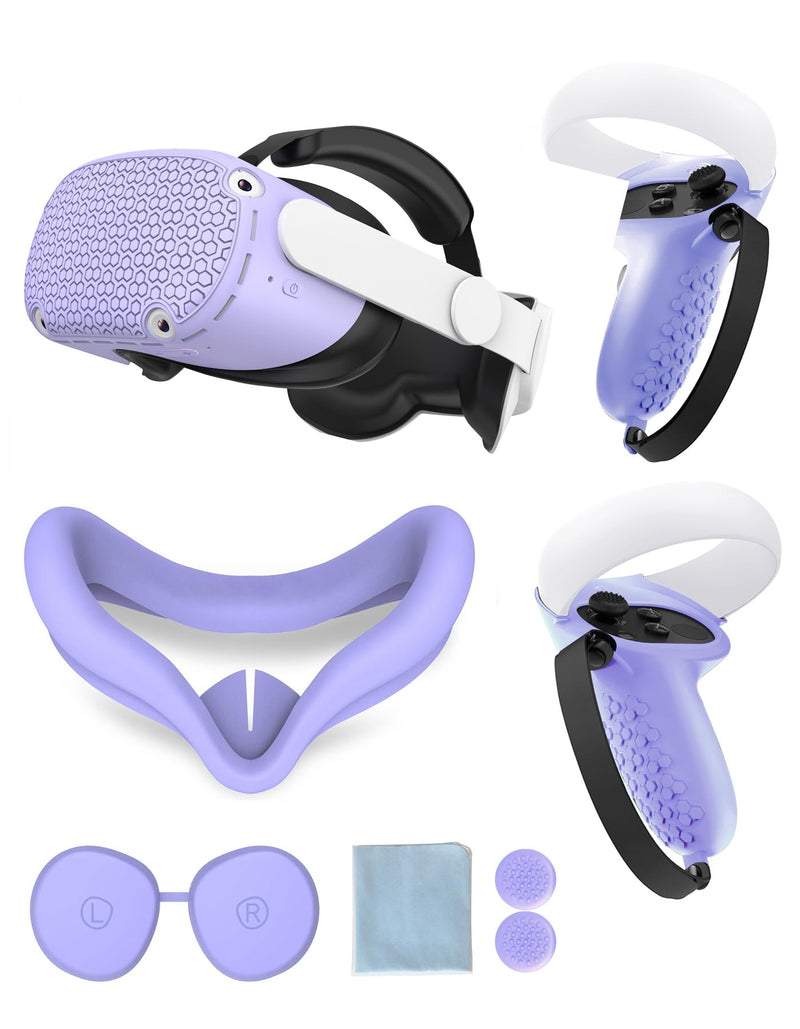  [AUSTRALIA] - Protective Cover for Oculus/Meta Quest 2 Accessories, Silicone Controllers Grip Cover Protector, Soft Shell Skin with Face Cover and Lens Cover by Gwyoneaon (Purple) purple