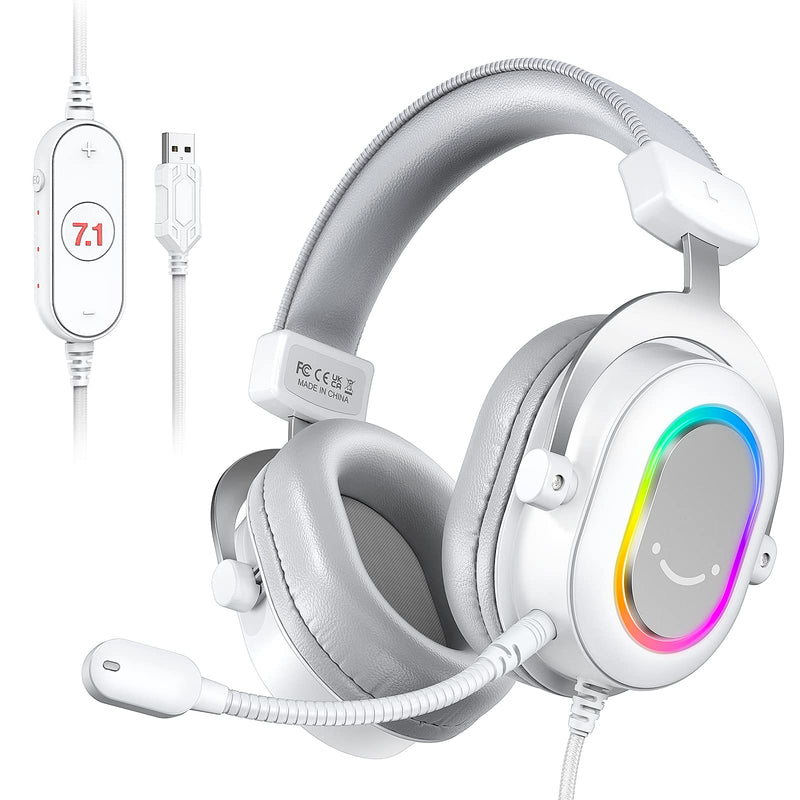  [AUSTRALIA] - FIFINE USB Gaming Headset, PC Headphones Wired with Microphone for Computer/Laptop/PS4, Over-Ear RGB Headset with 7.1 Surround Sound, Noise Cancellation for Streaming Video Game- AmpliGame H6 (White) White