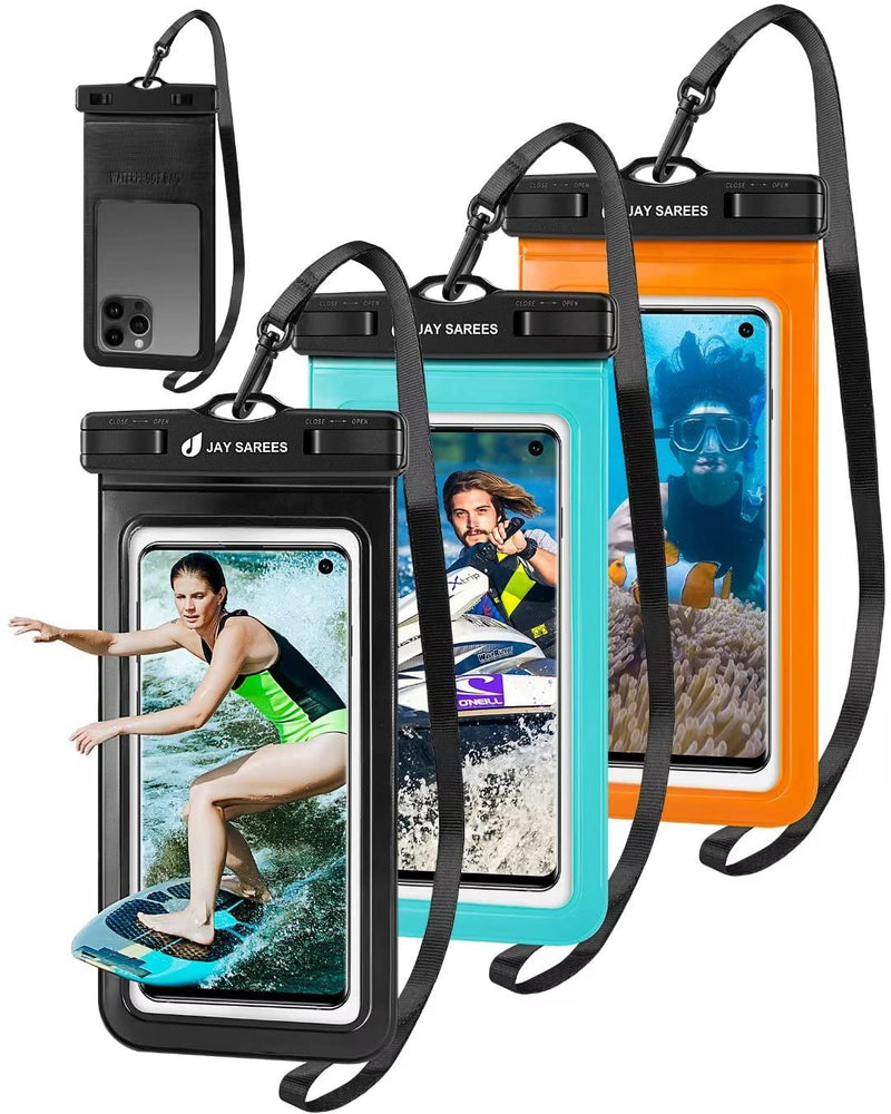  [AUSTRALIA] - Universal Waterproof Phone Pouch 3 Pack, IPX8 Phone Water Protector Pouch Case Bag Lanyard Compatible iPhone 14 13 12 Pro Max Samsung Galaxy S22, Waterproof Phone Holder Protector for Beach Swimming Glossy Black+Green+Orange