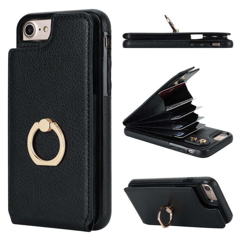  [AUSTRALIA] - Folosu for iPhone SE(2022) iPhone SE(2020) iPhone 7/8 Wallet Case with Card Holder, 360°Rotation Ring Holder Kickstand Protective RFID Blocking PU Leather Flip Shockproof Cover 4.7 Inch Black