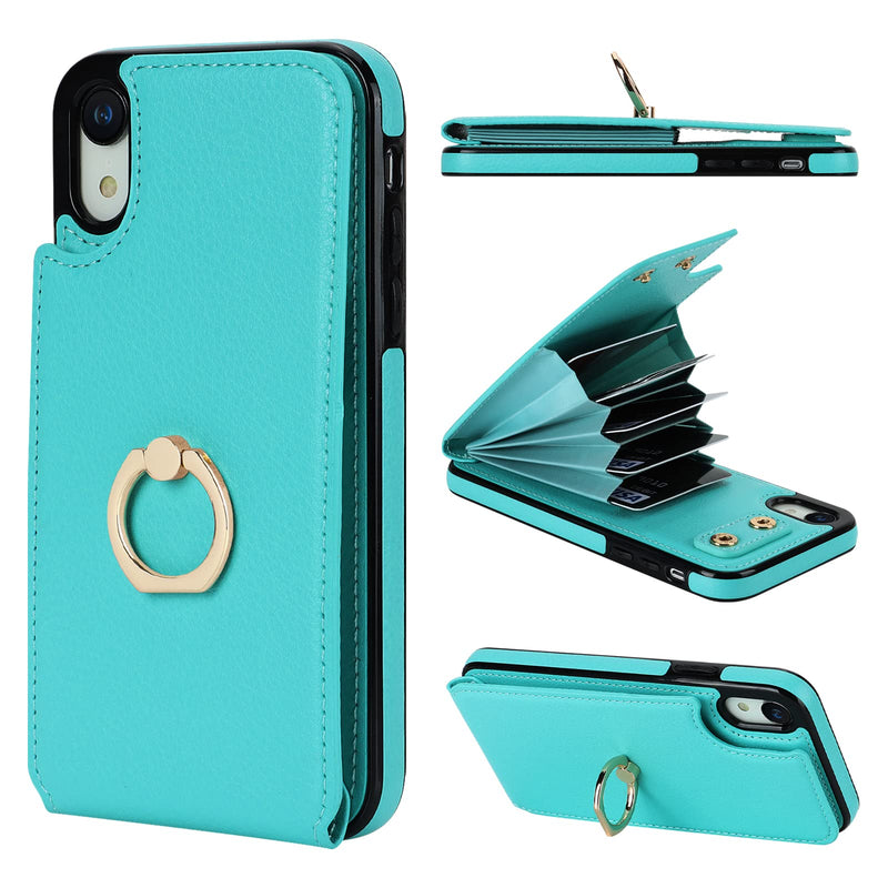  [AUSTRALIA] - Folosu Compatible with iPhone XR Case Wallet with Card Holder, 360°Rotation Finger Ring Holder Kickstand Protective RFID Blocking PU Leather Double Buttons Flip Shockproof Cover 6.1 Inch Mint Green